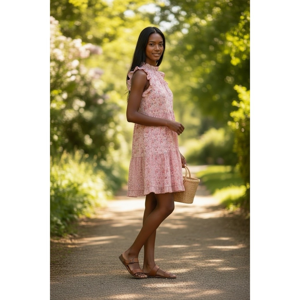 La Plage Molly Dress Floral Pink Tiered Lined Side Zip Preppy Mini Dress Size M